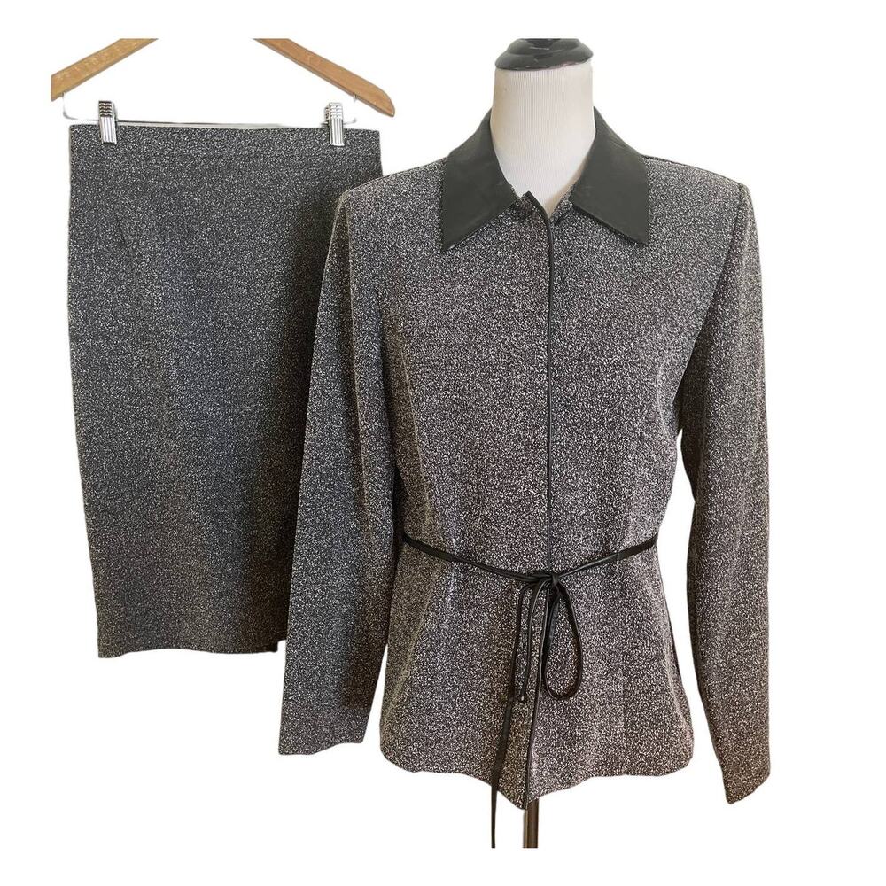 Vintage 90s Jessica Howard Belted Skirt Suit Gray W/Black Faux Leather Trim 14T